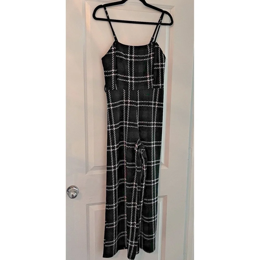 Jolie & Joy Black‎ White Windowpane Plaid Wide Leg Jumpsuit Spaghetti Strap L